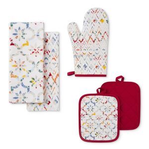 Ogee Tile Kitchen Towels Potholders Oven Mitt Reverses to Red Loops 5pc Gift NEW